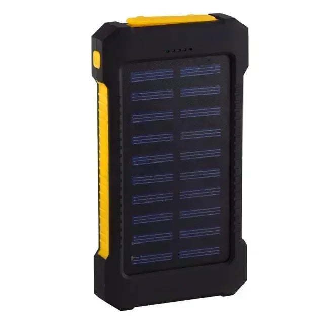 Rugged black and yellow portable solar power bank with a textured grip and built-in SOS flashlight.