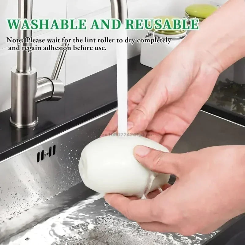A person rinsing a white, reusable gel lint roller under a kitchen tap.