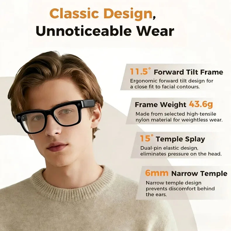 A man wearing stylish black smart recording glasses with an ergonomic, lightweight frame and narrow temples.
