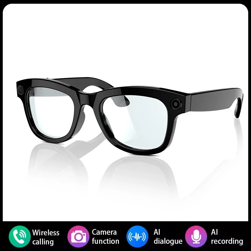 Glossy black smart glasses with built-in cameras, offering wireless calling, AI dialogue, and recording features.