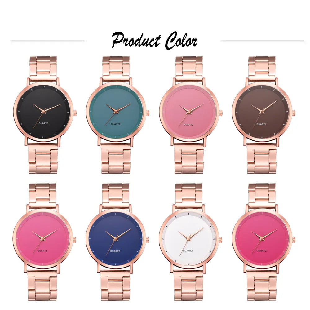 Eight ladies' rose gold stainless steel quartz watches with round faces in various dial colours.