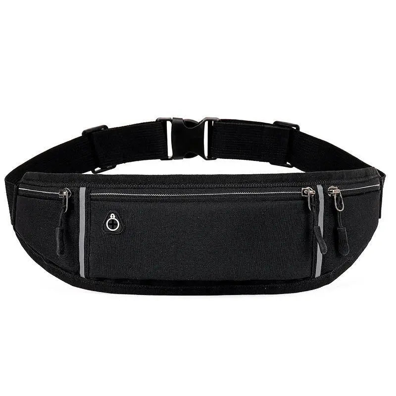 Black running belt with zip pockets, reflective strips, and an adjustable clip buckle strap.