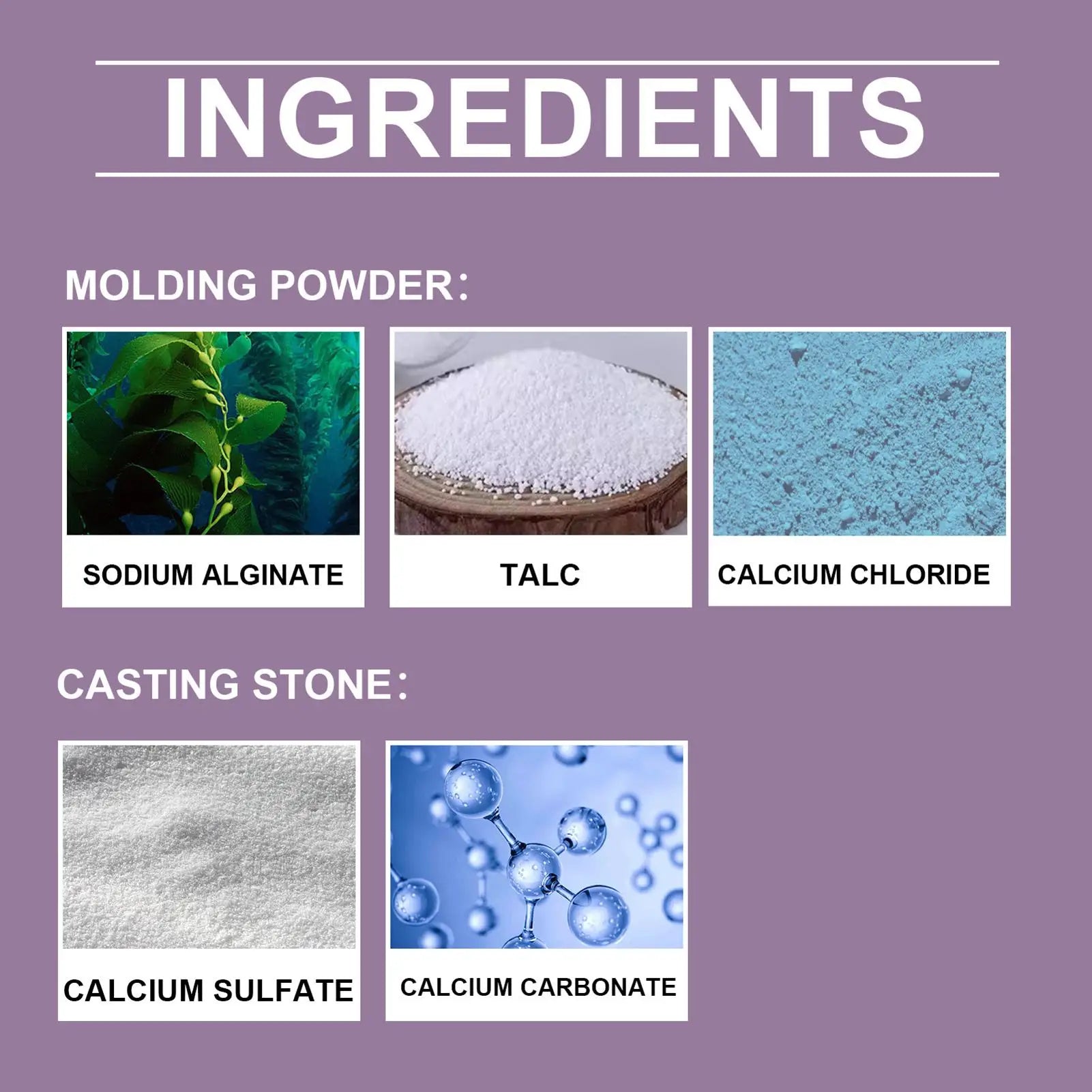 An ingredient chart showing molding powder and casting stone components including sodium alginate, talc, and calcium.