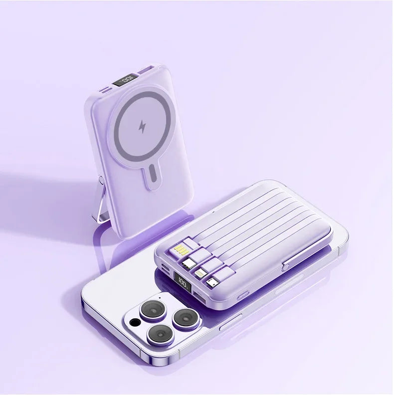Lilac 20,000mAh magnetic wireless power bank with integrated cables, foldable stand, and digital battery display.