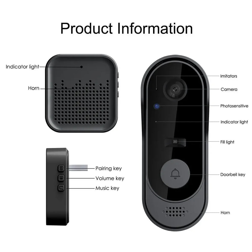 Black smart video doorbell with camera, night vision, and internal chime unit with volume and pairing controls.