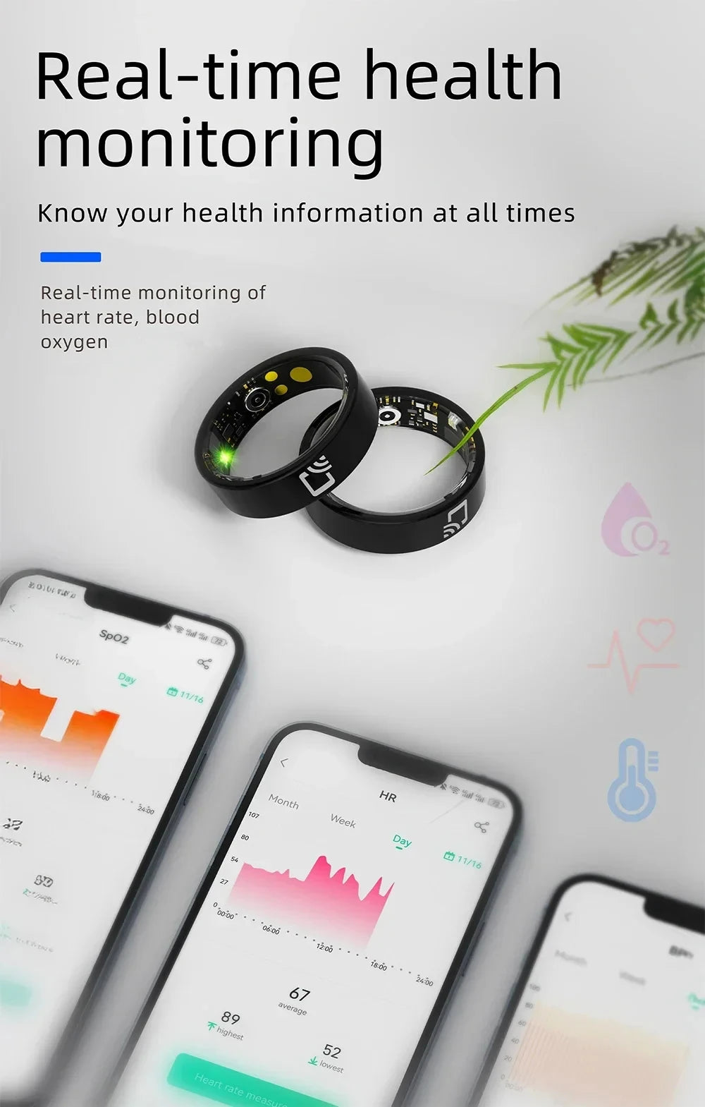 Two sleek black smart rings with inner sensors, shown next to smartphones displaying health tracking data charts.