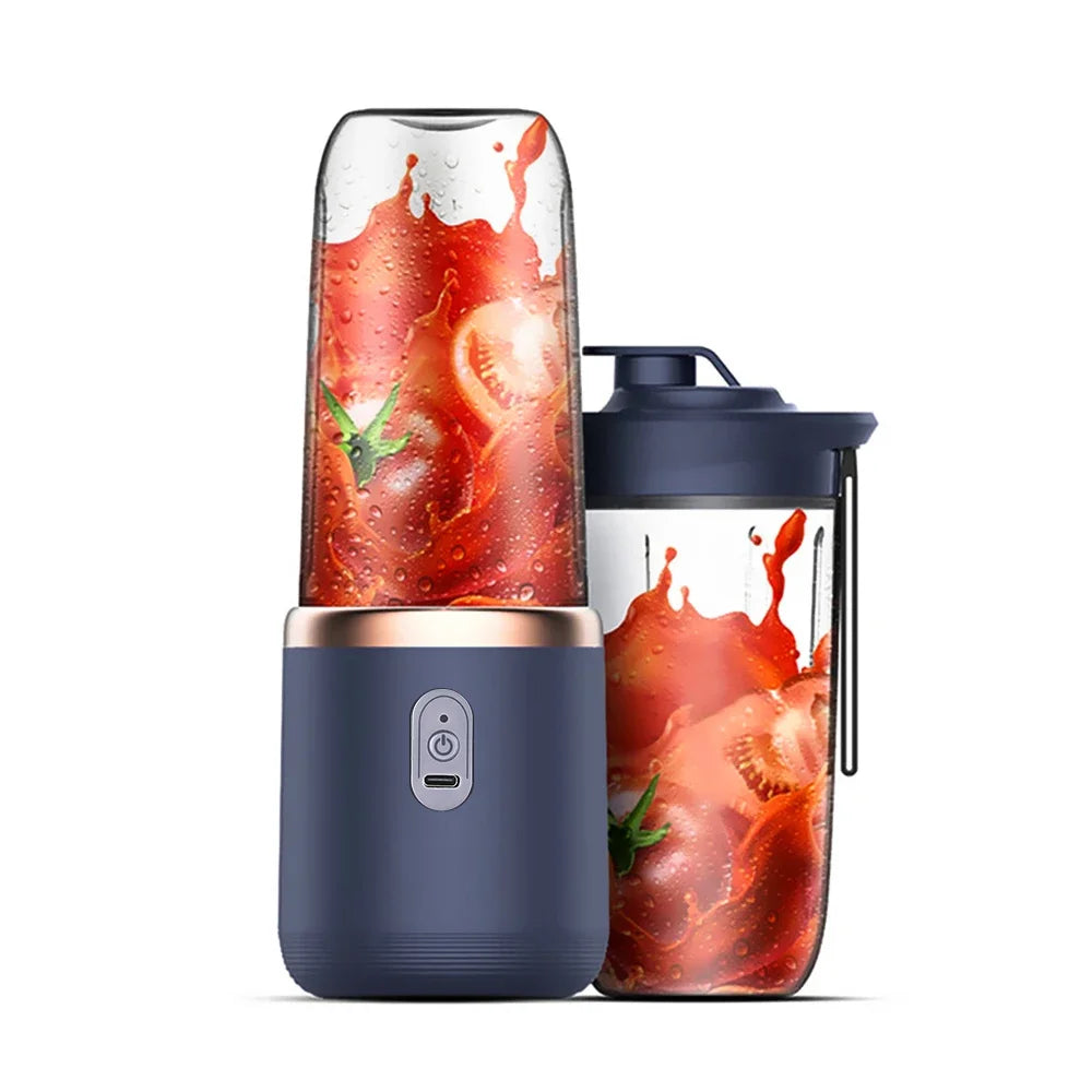 Portable blue blender with rose gold accents containing tomato juice, plus an extra travel lid and container.