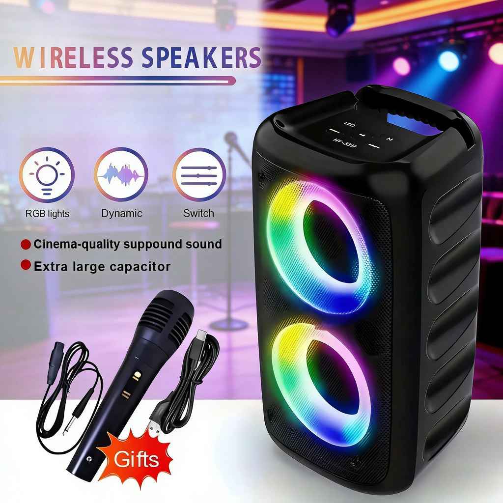 Portable black karaoke speaker with dual RGB light rings, a handheld microphone, and cables for wireless sound.