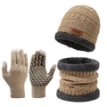Beige and dark grey thermal 3-piece winter set, including a fleece-lined knit beanie, snood, and touchscreen gloves.