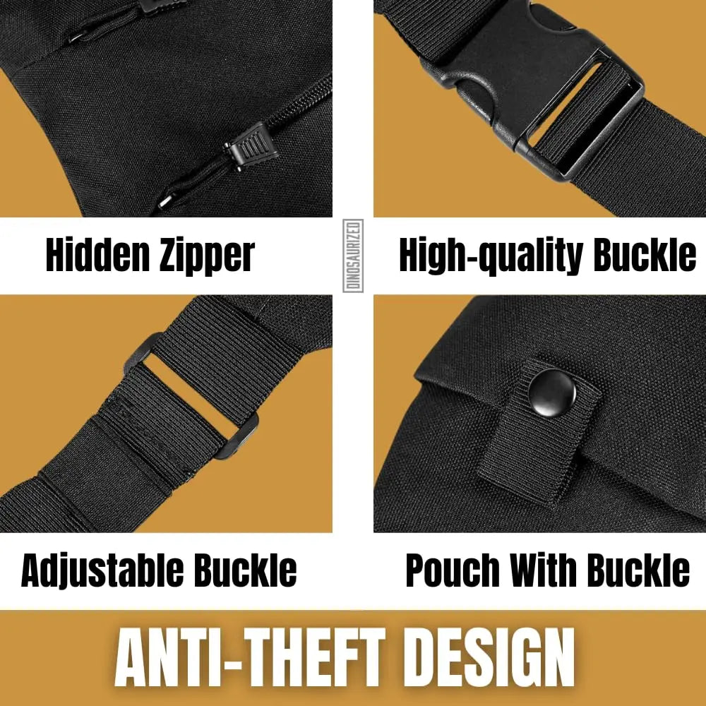 Black anti-theft sling bag features a hidden zip, adjustable strap with a secure buckle, and a stud-fastened pouch.