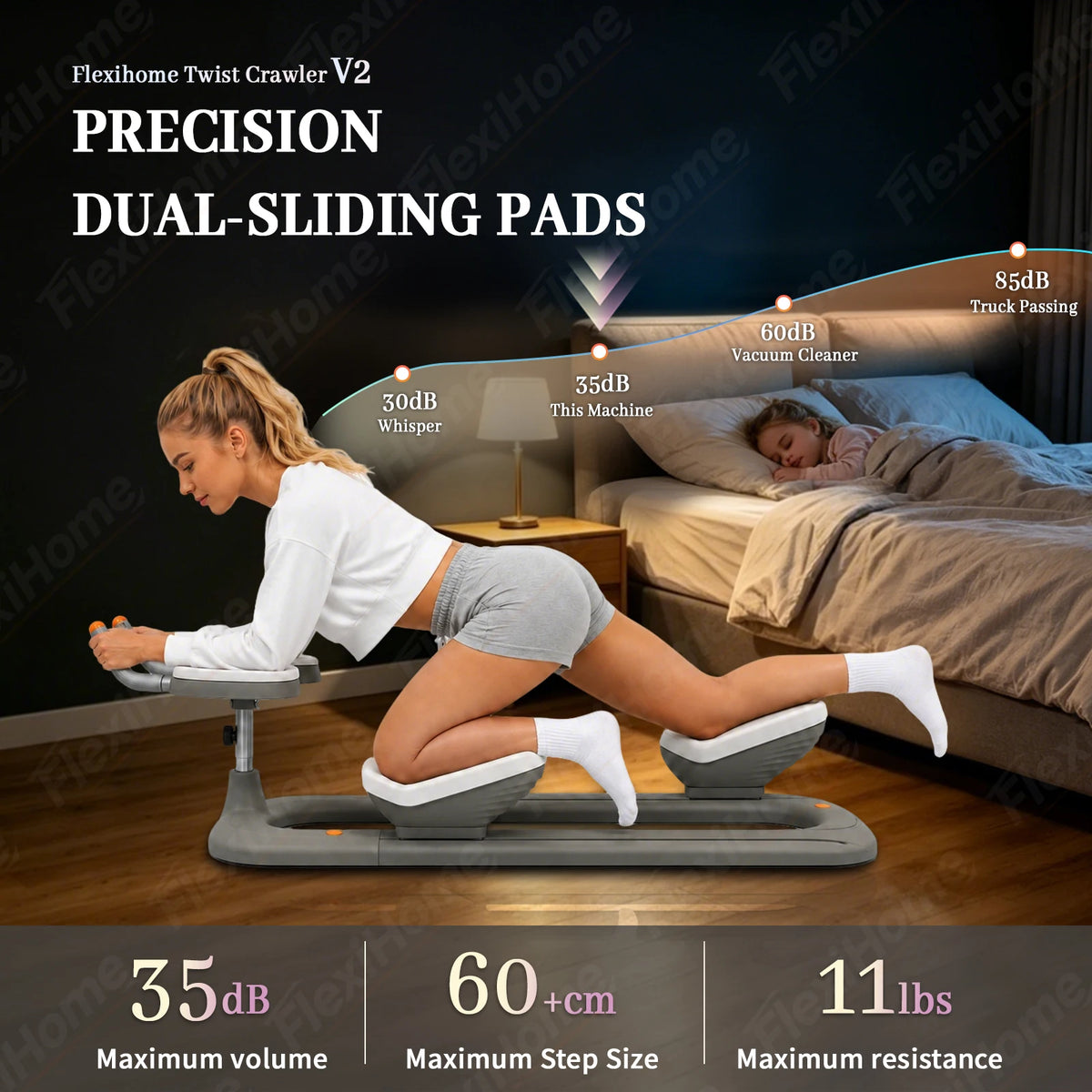 Gray ABS crawling and stretching machine with dual sliding pads and padded arm/knee rests.