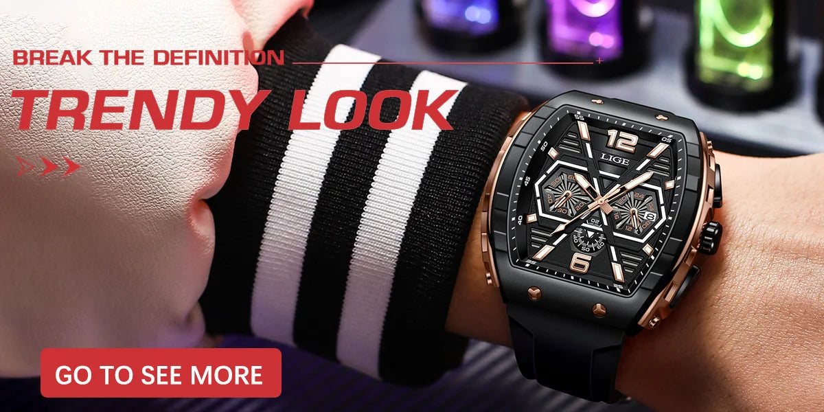 Men's black and rose gold chronograph watch with a square face and black silicone strap worn on the wrist.