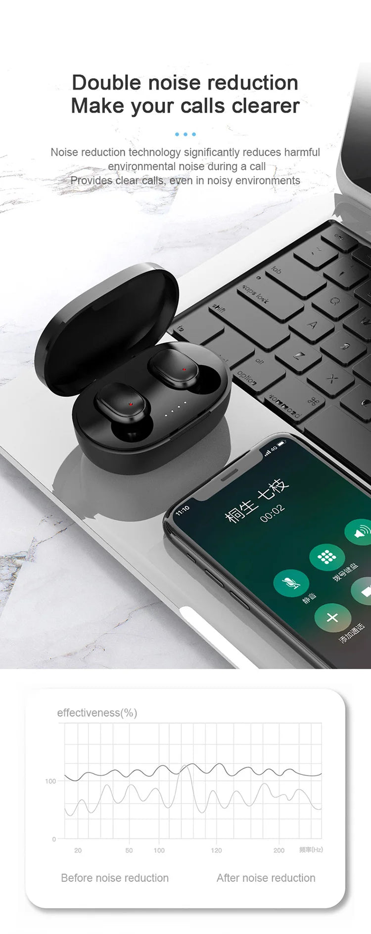 Black wireless earbuds in an open charging case resting on a laptop next to a smartphone showing an active phone call.