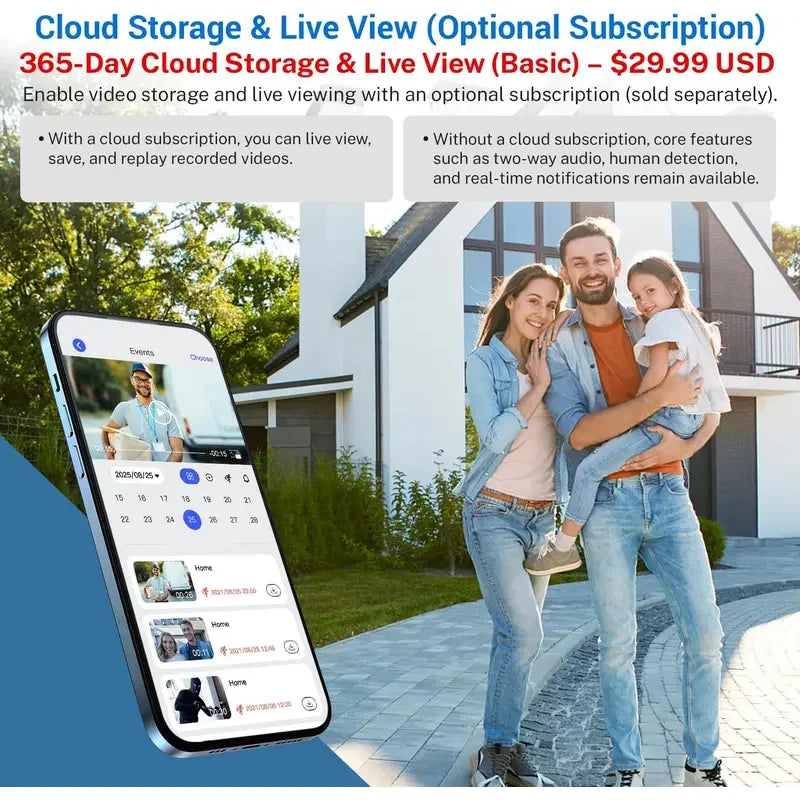 Smartphone screen showing a video doorbell app with event history, alongside a happy family in front of their home.