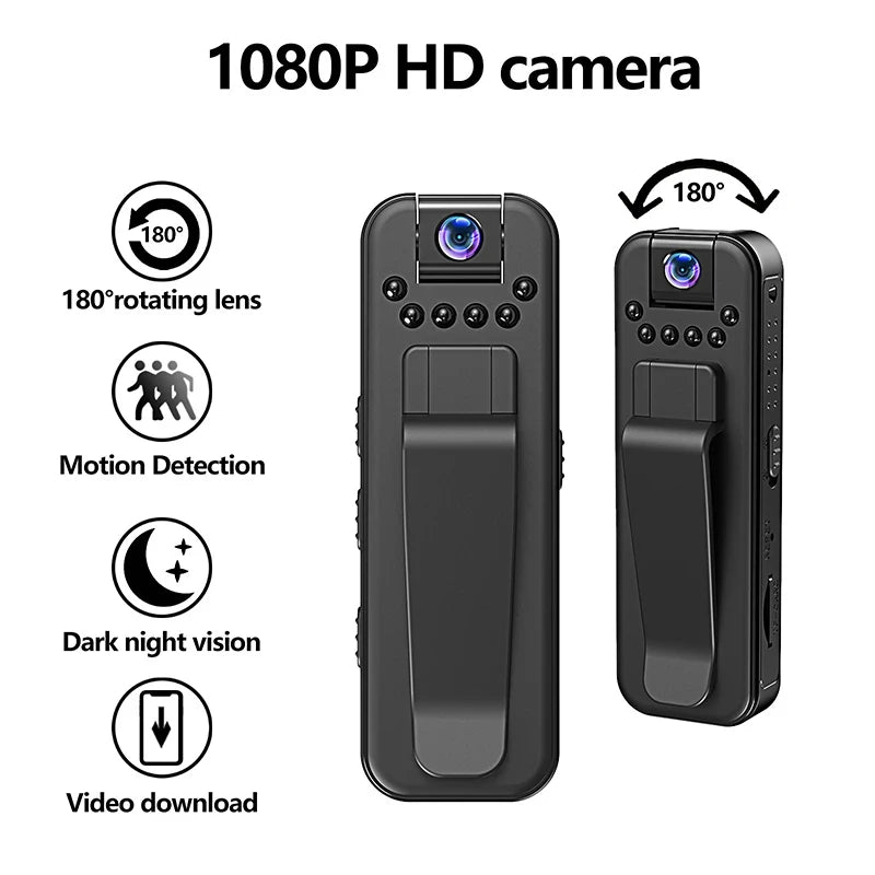 Black plastic portable 1080p body camera with a 180-degree rotating lens, clip, night vision, and motion detection.