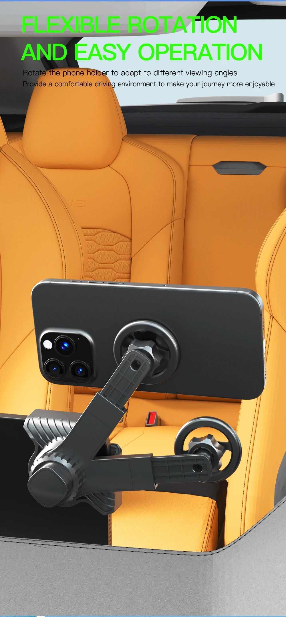 Black rotating car phone holder mounted on a dashboard, showcasing adjustable joints against orange car seats.