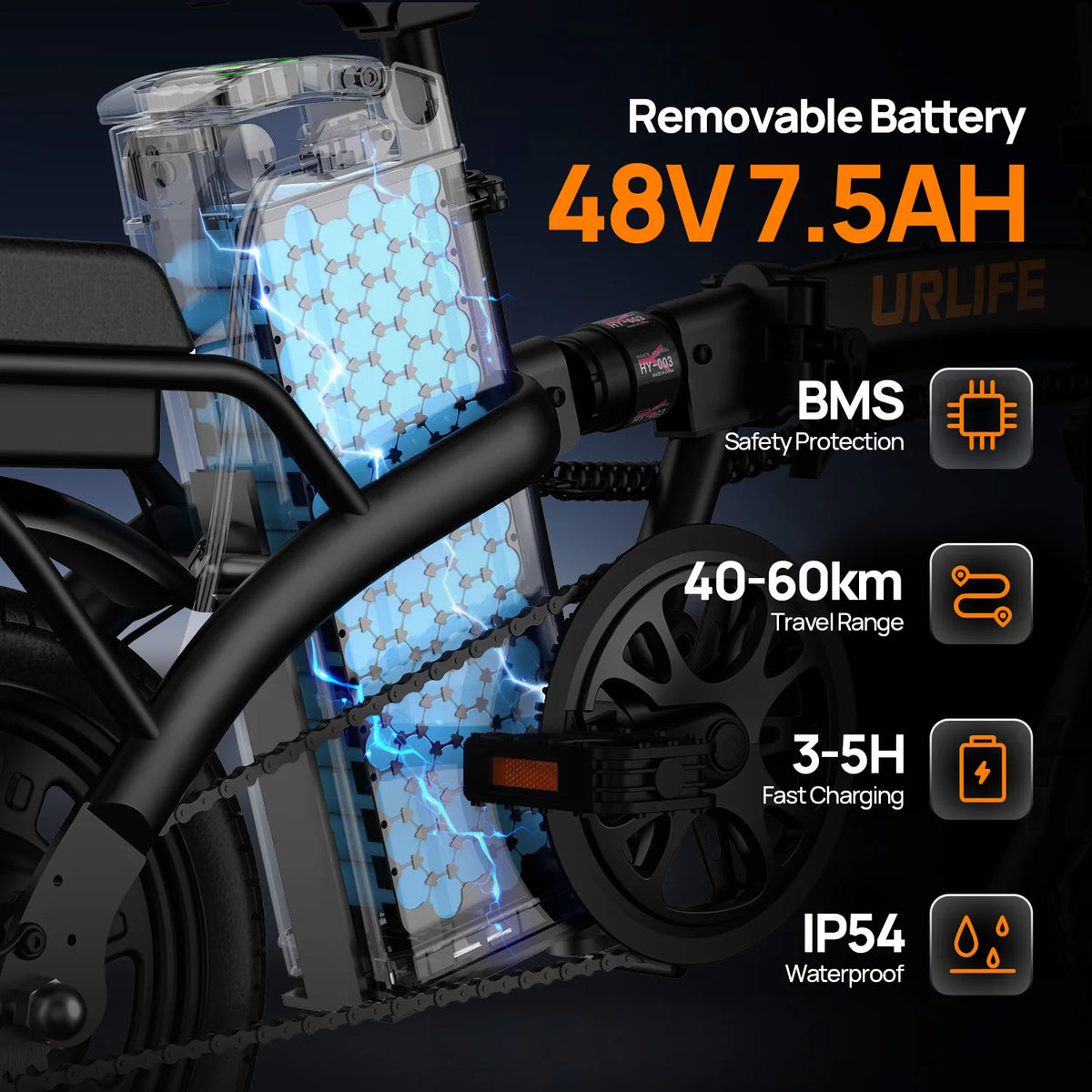 Black foldable electric bike highlighting a removable 48V 7.5AH battery and specs.