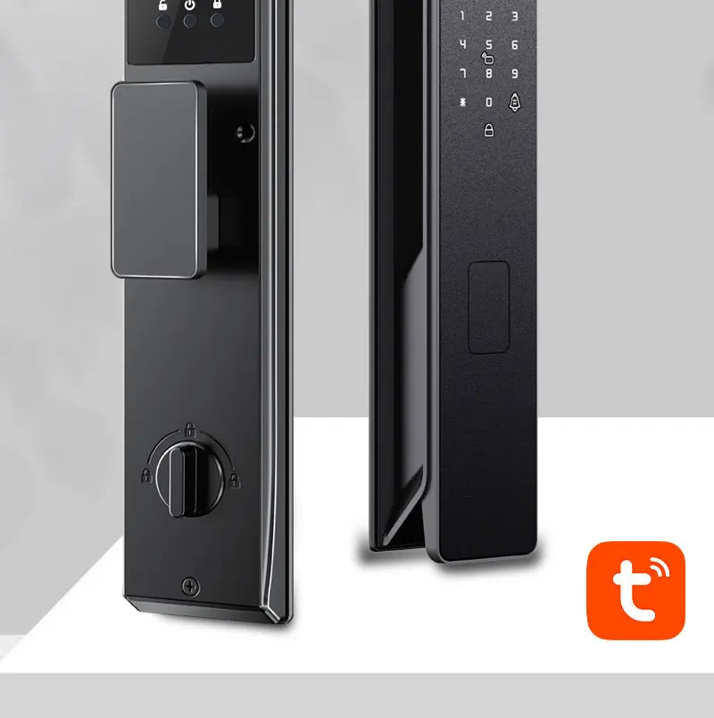 Matte black smart door lock set with digital touchscreen keypad, fingerprint reader, and internal manual thumb turn.