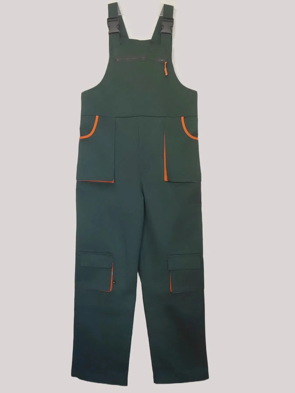 Dark green heavy-duty dungarees with orange trim, multiple utility pockets, and adjustable buckle straps.