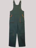 Dark green heavy-duty dungarees with orange trim, multiple utility pockets, and adjustable buckle straps.