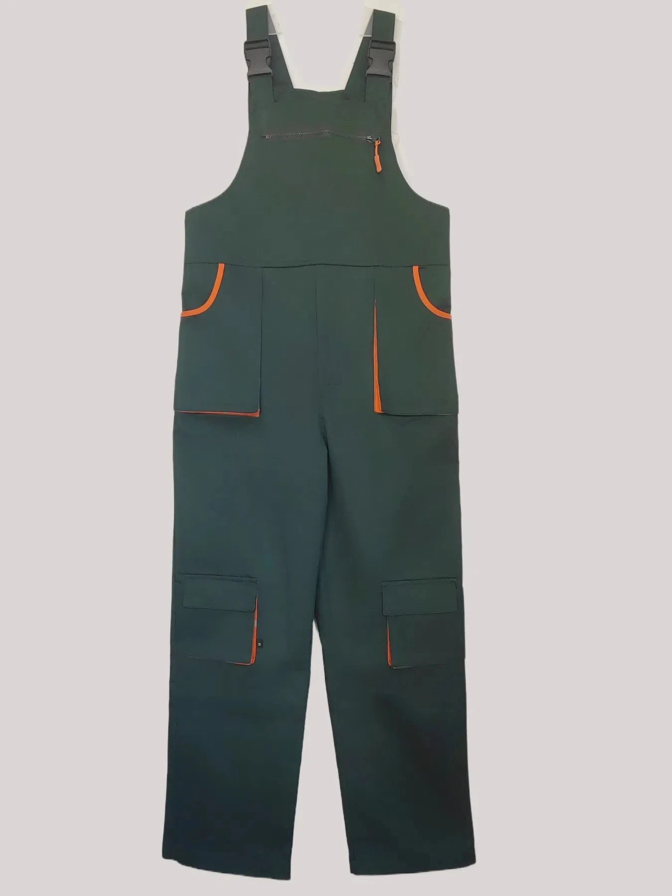 Dark green heavy-duty dungarees with orange trim, multiple utility pockets, and adjustable buckle straps.