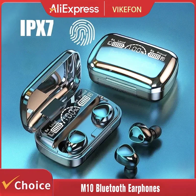 Wireless earbuds with a reflective dark chrome charging case featuring a digital battery percentage display.