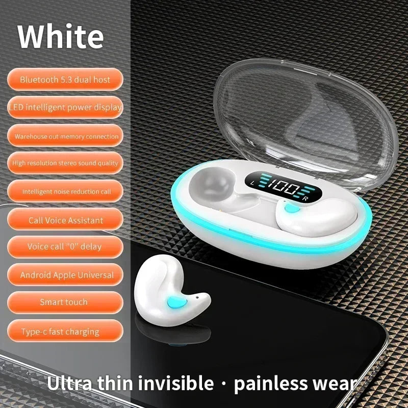 White wireless earbuds in a glowing charging case with an LED battery display and one earbud sitting outside.