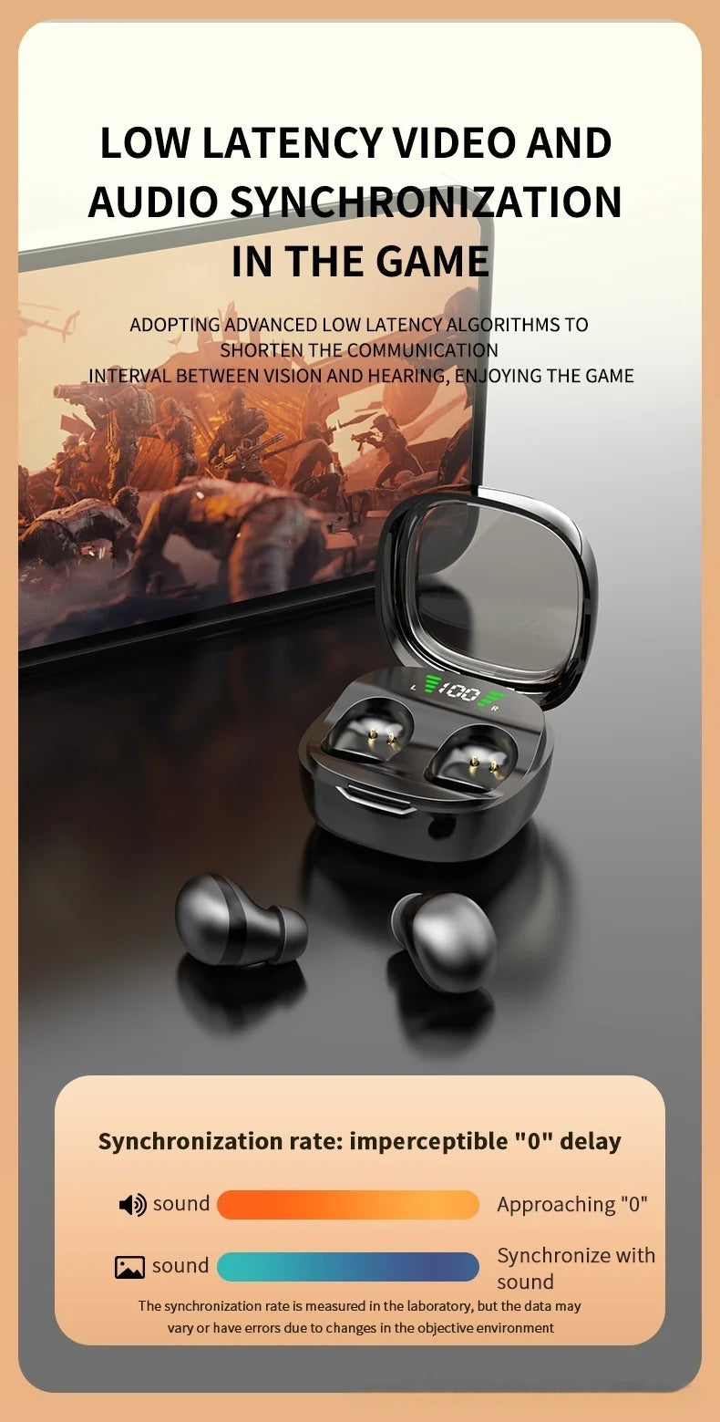 Black wireless earbuds with a charging case featuring a digital LED battery display, shown in front of a gaming screen.