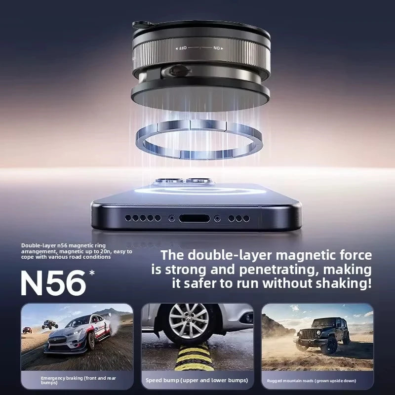 Black magnetic phone car mount with circular ring design for secure attachment, shown with smartphone and road scenarios.