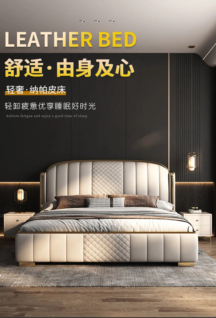 A minimalist, cream-coloured leather bed frame with elegant quilted detailing and gold metal accents.