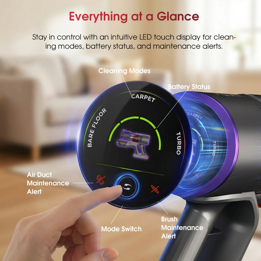 Black cordless stick vacuum with purple accent, featuring a round LED touch display showing cleaning modes.