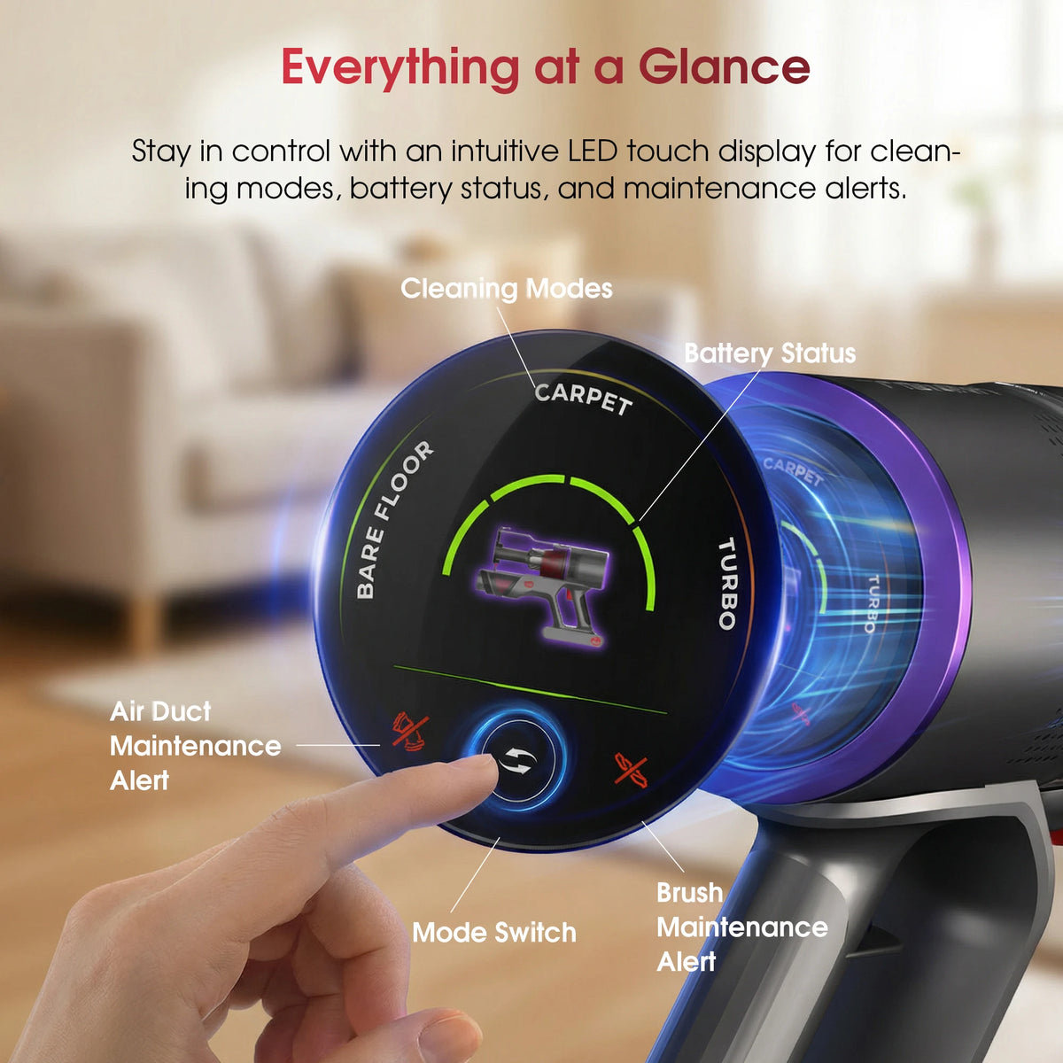 Black cordless stick vacuum with purple accent, featuring a round LED touch display showing cleaning modes.