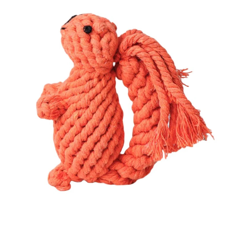 An orange, squirrel-shaped rope dog toy with a knotted texture and frayed tail, perfect for play and dental health.