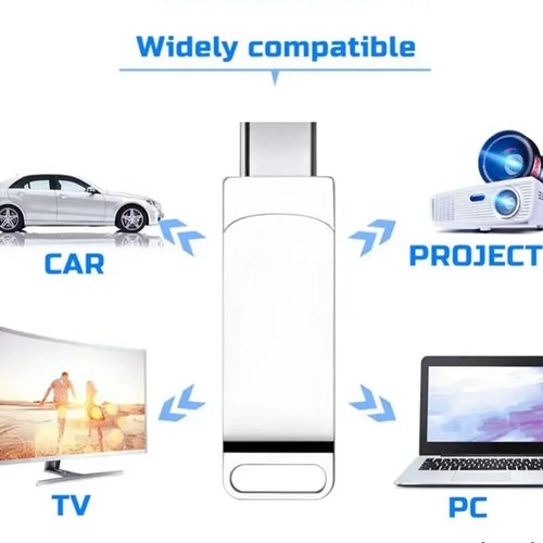 Sleek silver metal 16TB USB flash drive shown with compatible devices including a car, projector, TV, and laptop.