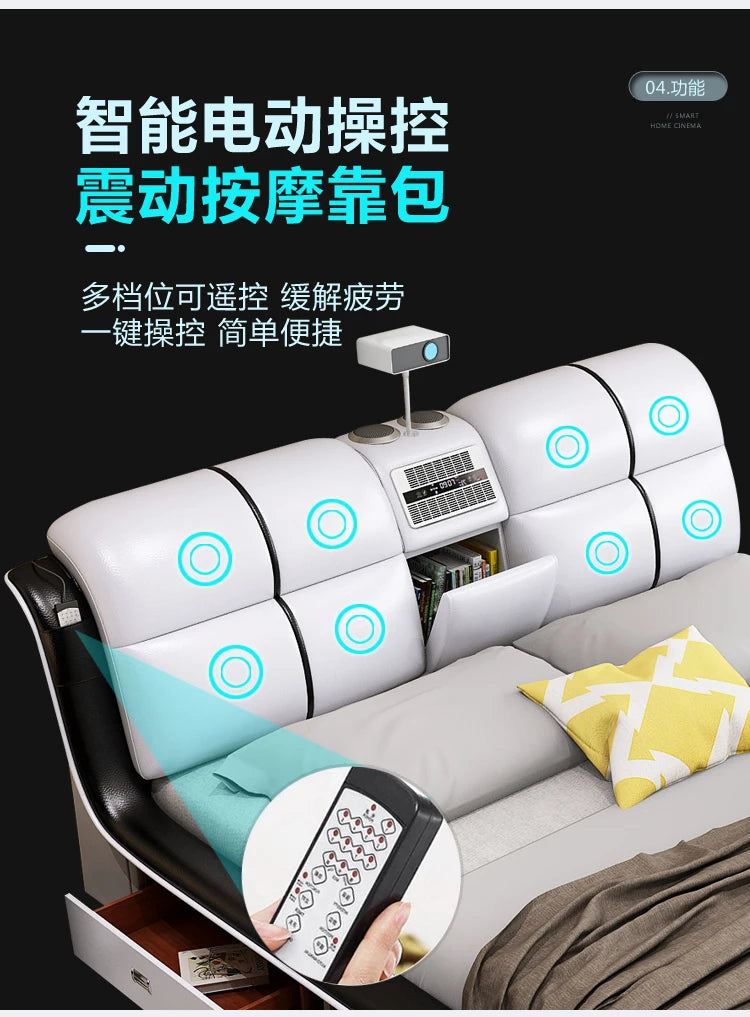 Modern cream leather bed frame with built-in remote-controlled massage headboard, integrated storage, and speakers.