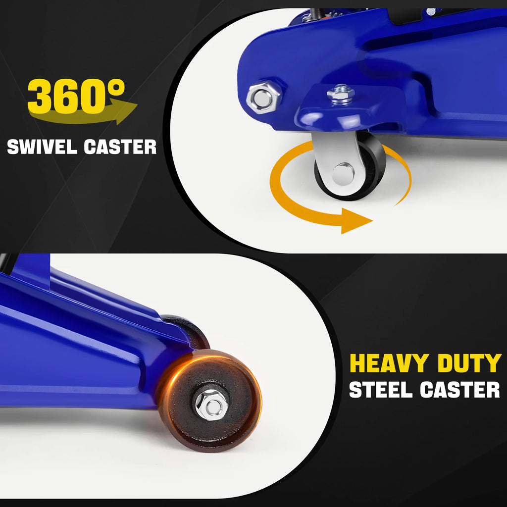 Blue steel hydraulic floor jack featuring a 360-degree swivel caster wheel and heavy-duty front caster.