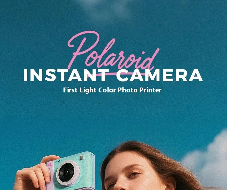 A person holding a mint green and lavender plastic Polaroid instant camera with a circular lens and integrated printer.