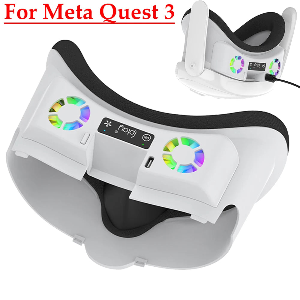 White Meta Quest 3 cooling fan and facial interface with dual colorful RGB fans and black cushioning.