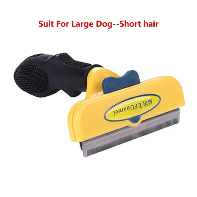 Yellow and black pet deshedding tool for short-haired dogs with a metal blade and ergonomic grip handle.