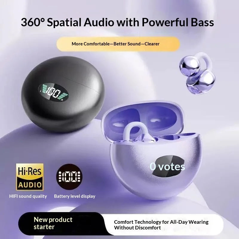 Shiny metallic purple wireless earbuds with a battery display charging case, shown in a modern, compact design.