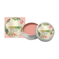 Open tin of pink moisturizing balm with floral-themed packaging, featuring "Firm & Smooth" claims, 50g size.