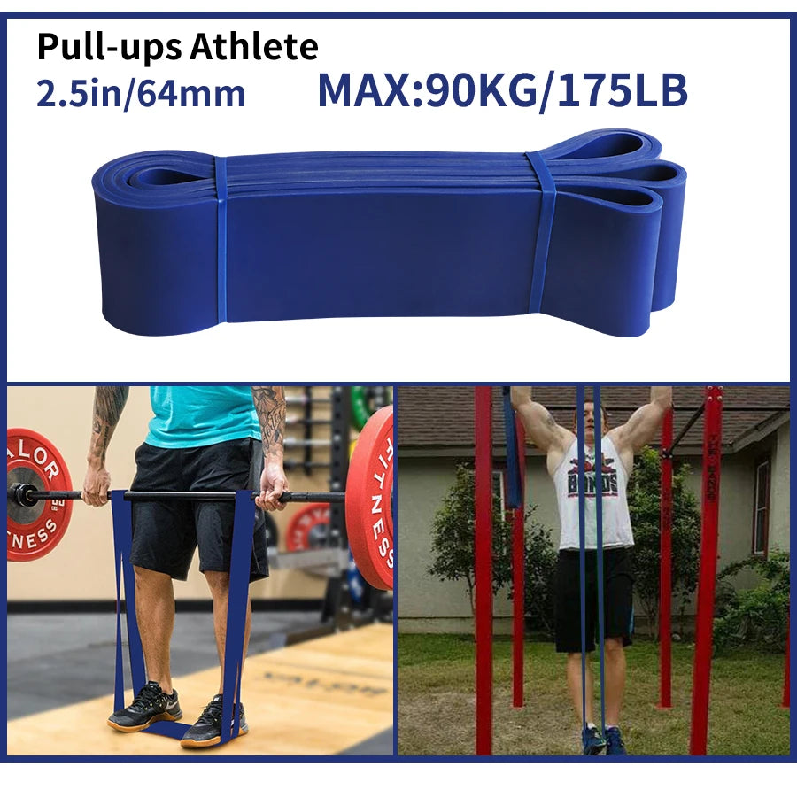 Blue 64mm thick resistance band for pull-ups and strength training, shown in studio and in use by an athlete.