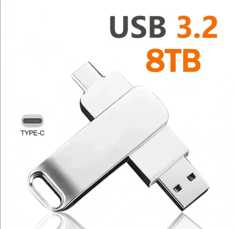 Silver metal dual-connector flash drive with USB-A and USB Type-C ports.