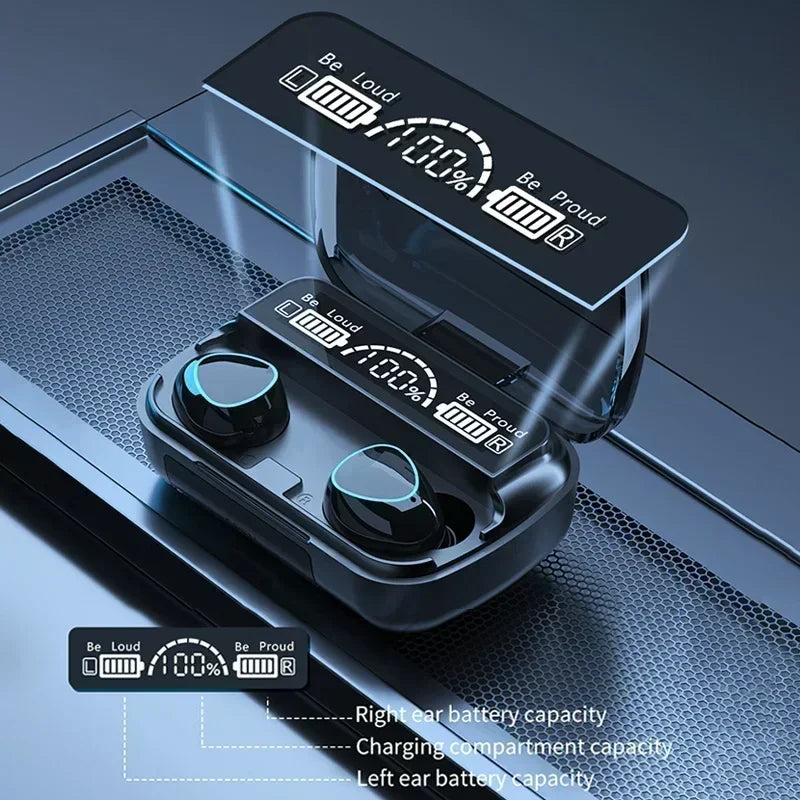 Black wireless earbuds in a charging case with a digital LED display showing battery percentage and L/R earbud status.
