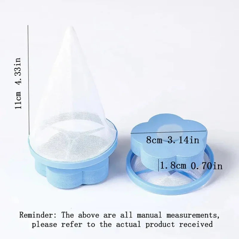 Blue, flower-shaped floating laundry lint mesh catcher bags with white conical netting and measurement labels.
