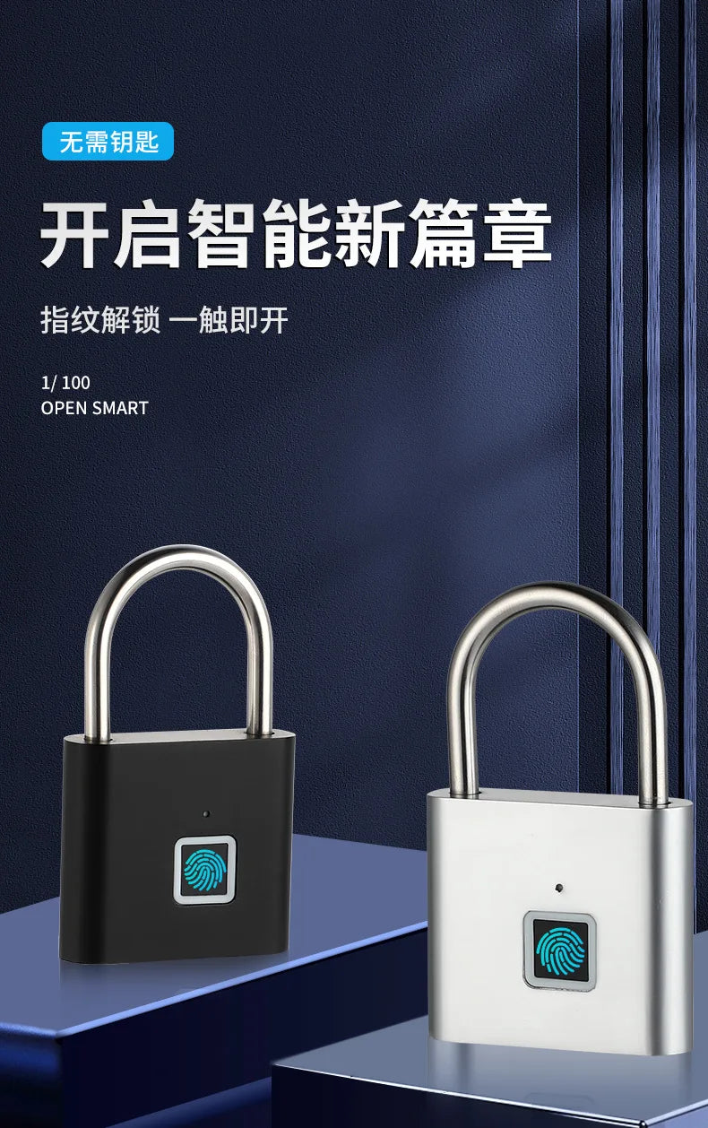Two metal padlocks in black and silver with a central fingerprint scanner for keyless unlocking.