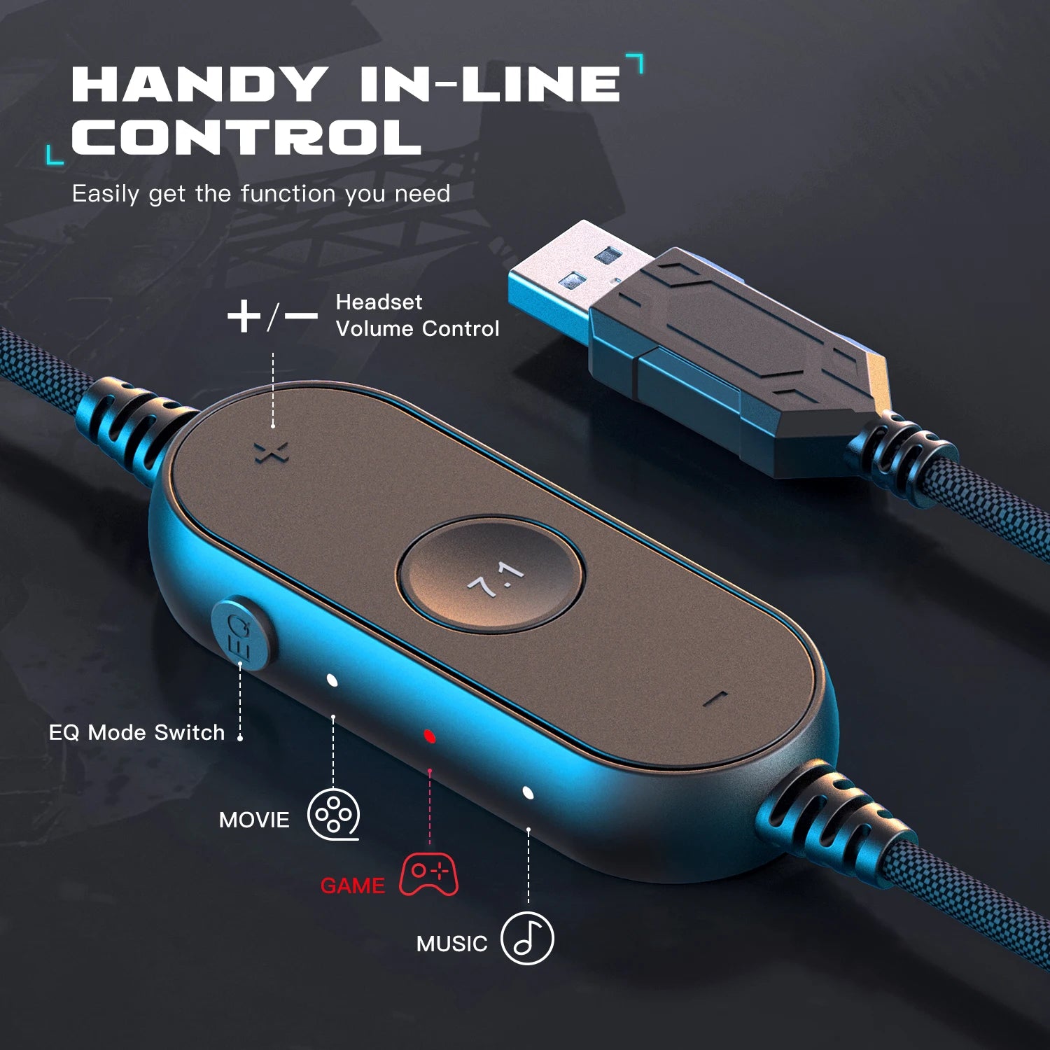 Gaming headset in-line controller with USB, volume adjustment, EQ mode switch, and 7.1 surround sound toggle.
