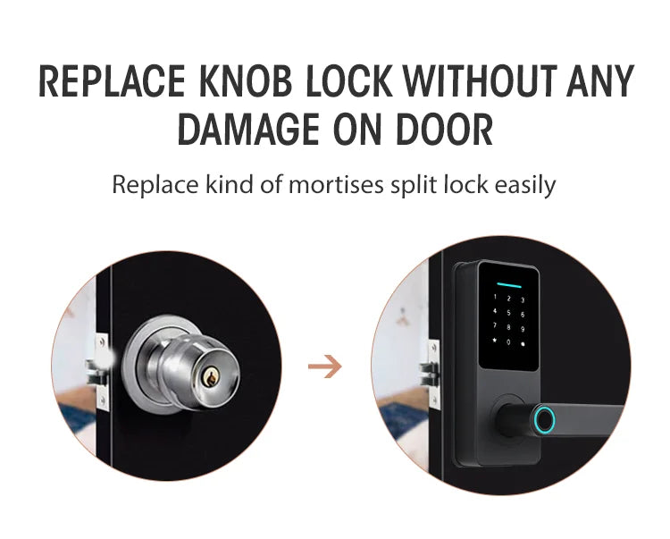 A silver knob lock being replaced by a sleek, black digital smart lock with a fingerprint scanner and keypad.
