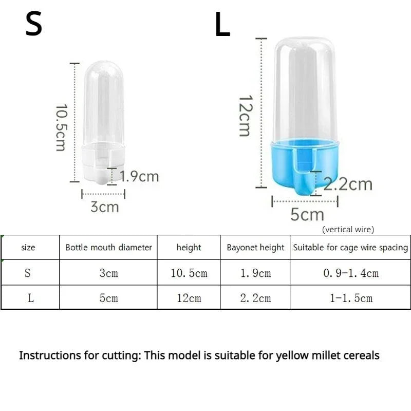 Clear plastic bird water feeders in small and large sizes with white and blue bases, including dimension specifications.