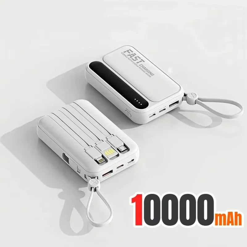 Two white 10,000mAh portable power banks with integrated charging cables and a convenient carry loop.